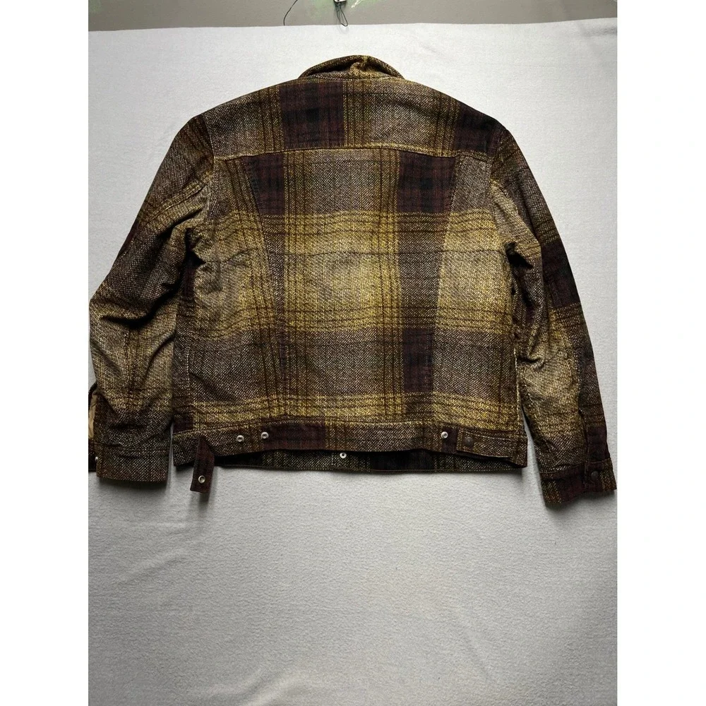 Levi's Sherpa Lined Plaid Trucker Jacket Men Large Brown Yellow Western Workwear